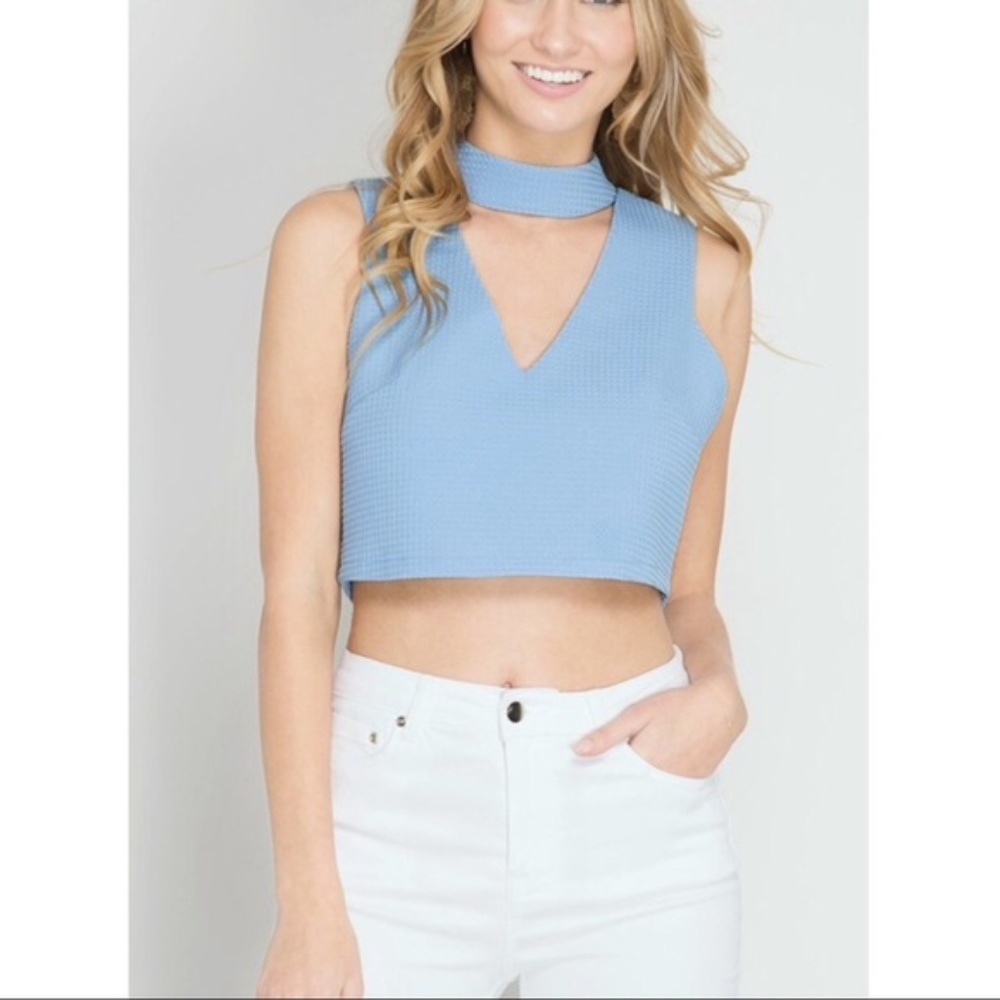SALE! Blue Sleeveless Textured Crop Top